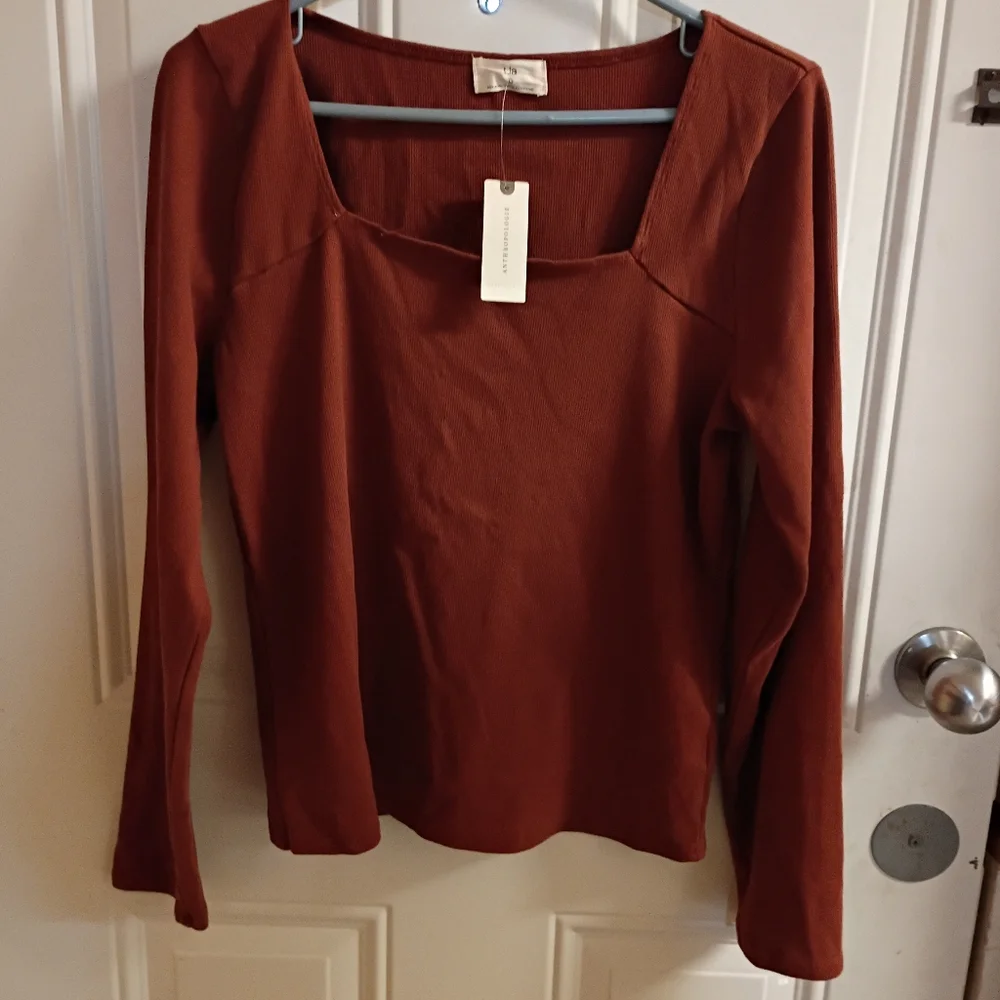 2/$10 NWT Anthropology Fall Burnt Orange Box Ribbed Long Sleeve Top Size Large